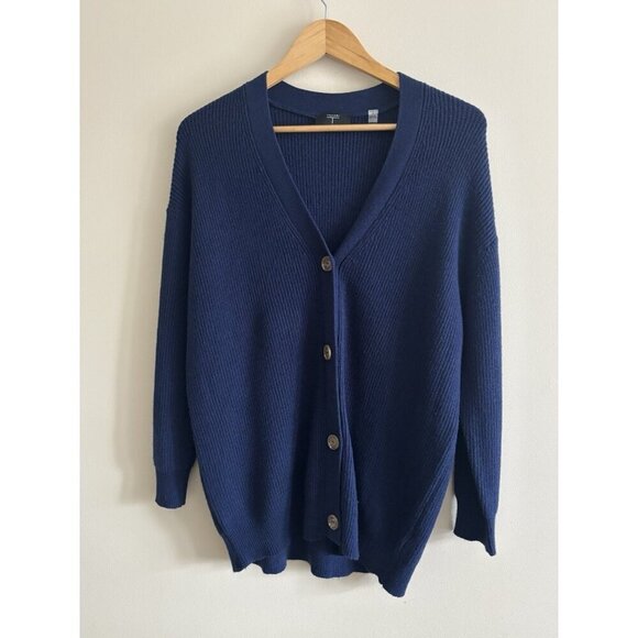 Tahari Cardigan Sweater Ribbed Knit Preppy Button Up Soft Navy Womens Small - Picture 1 of 10